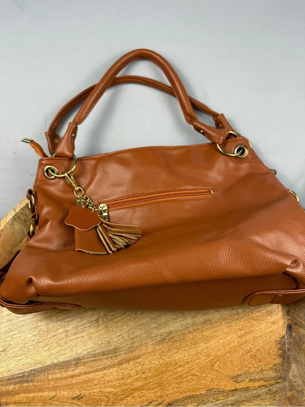 Lollie Closet Cognac Faux Leather Slouch Hobo Tote Tassel Shoulder Bag